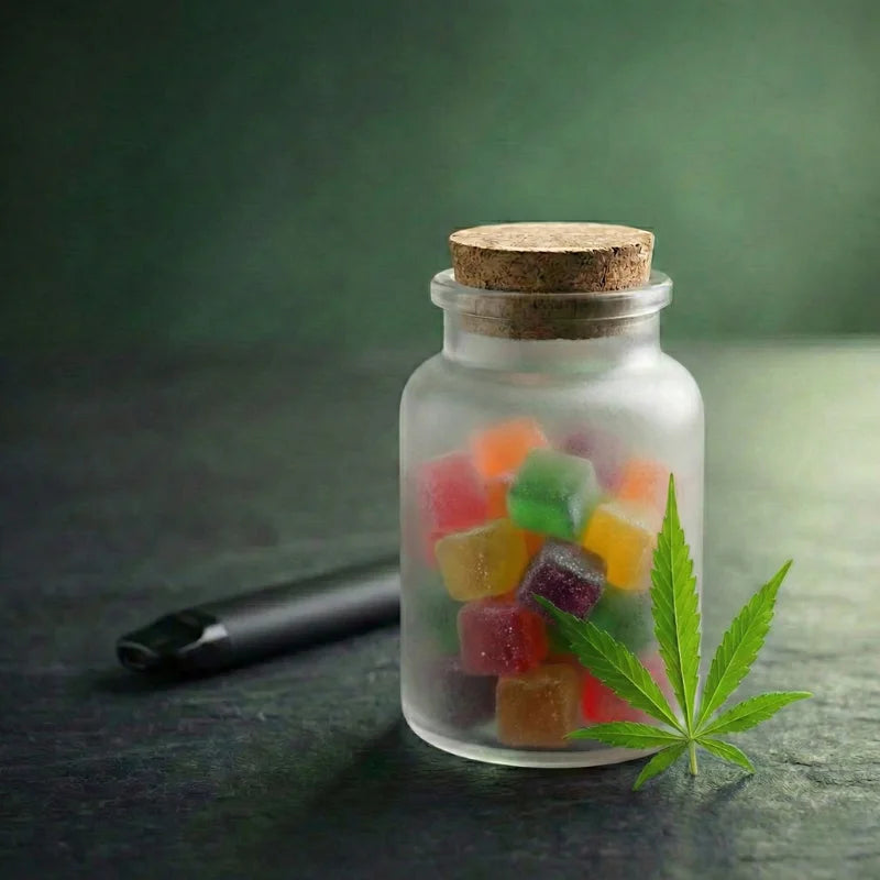 Glass jar of premium CBD wellness gummies for mind-body balance.