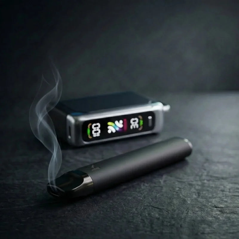 Sleek disposable vape device emitting vapor at Krem Vape Studio.